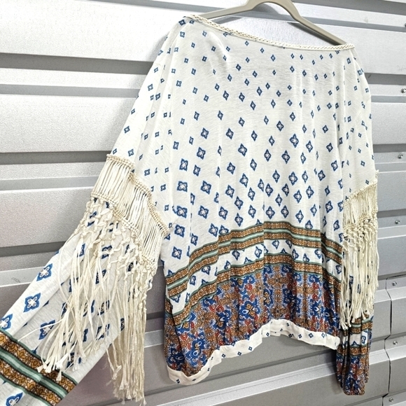 NWT Free People Lyocell Linen Macra Maze Ivory Combo Fringe Blouse - Picture 12 of 12